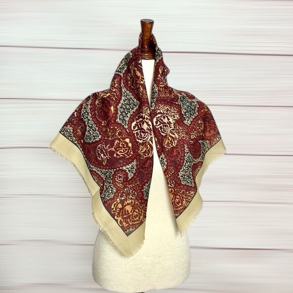Wool Square Scarf Lightweight Tan Brown Plum Paisley Print Made in Italy 33x33” - Picture 2 of 8